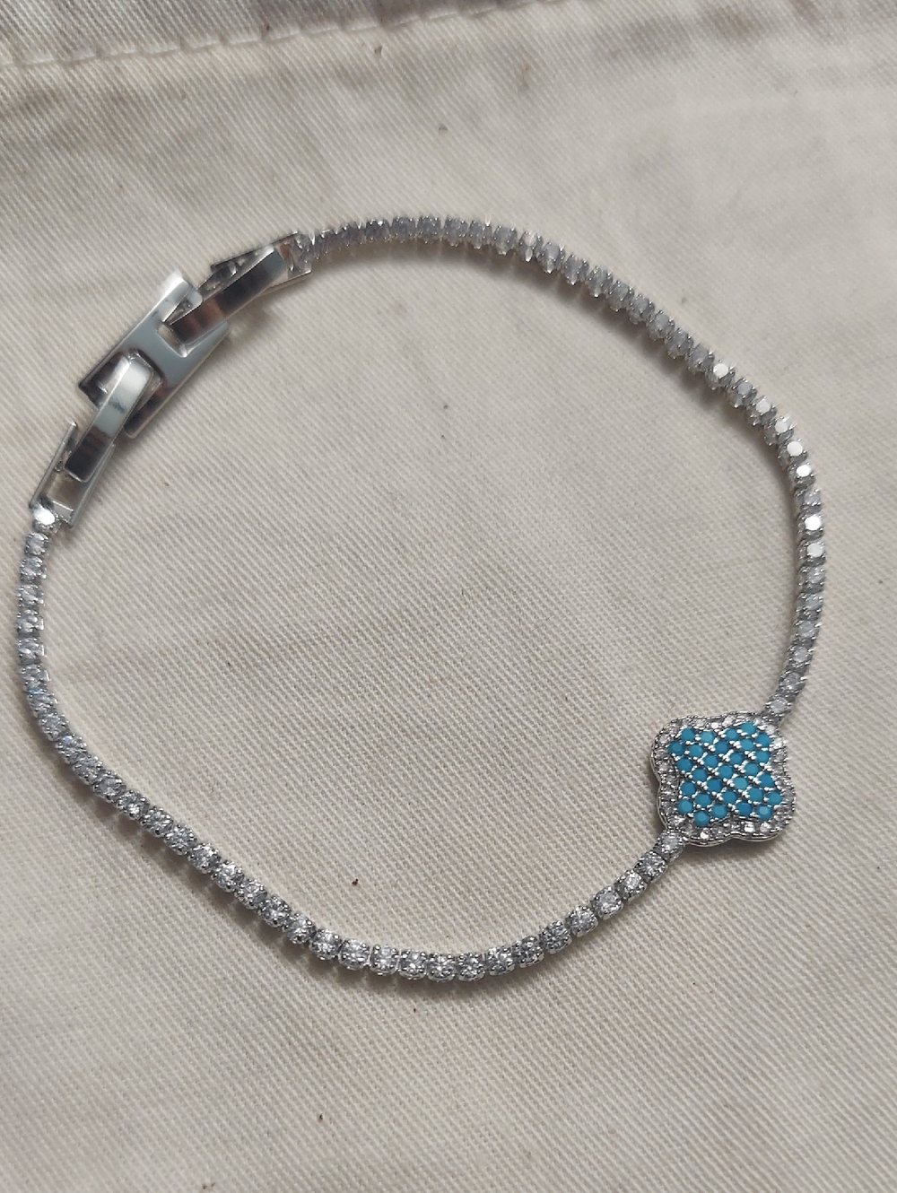 Silver Tennis Bracelet with Turquoise Pave Clover Charm